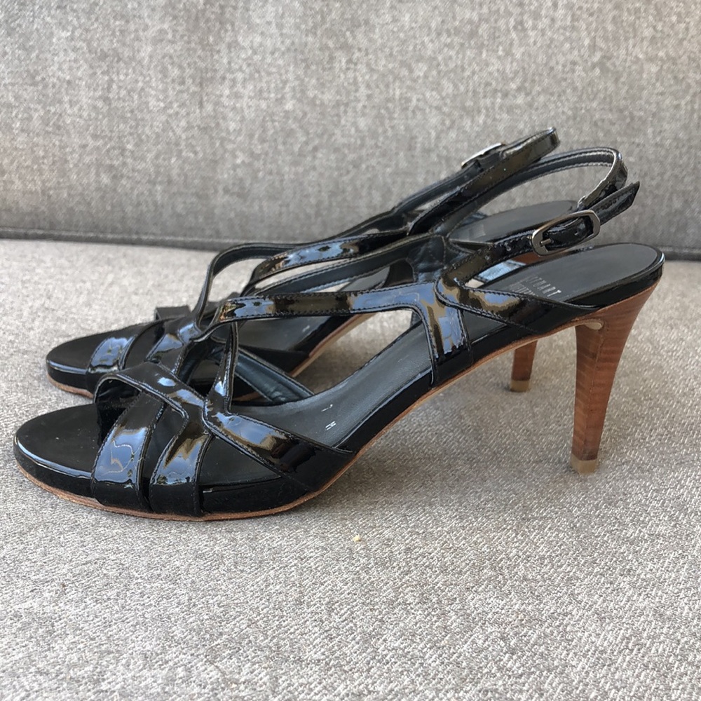 STUART WEITZMAN - Operetta Black Patent  Leather Heeled Sandals - Picture 2 of 12